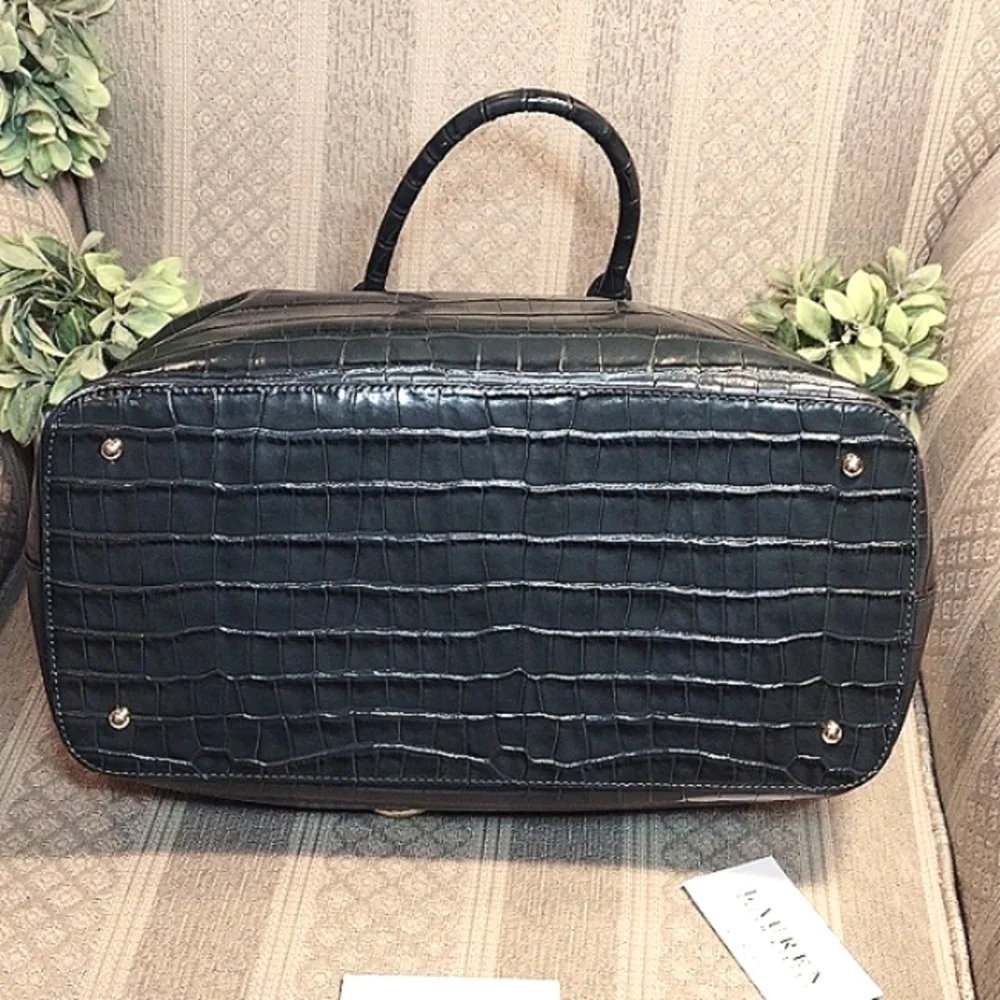 Lauren Ralph Lauren Black Croc-Embossed Patent Satchel with Crest - Picture 7 of 16